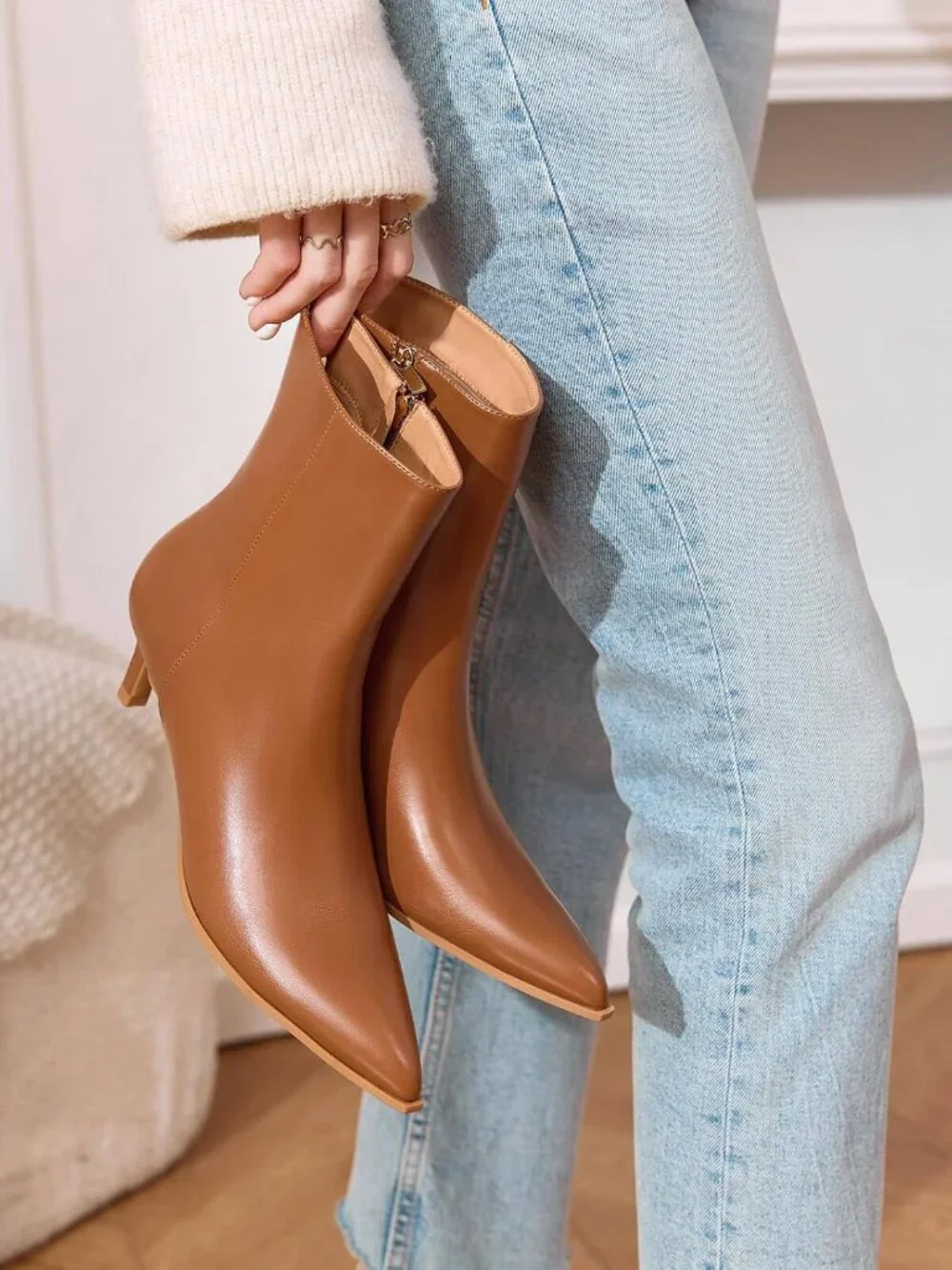 Women Light Brown Pu Kitten Heel Faux Leather Pointed Toe Side Zipper Ankle Boot